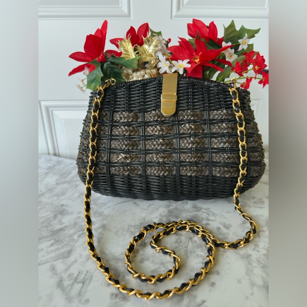 Black Wicker  Crossbody Purse with Gold Chain